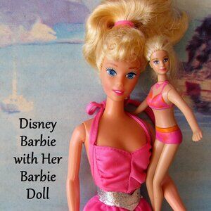 DISNEY BARBIE w HER OWN BARBIE DOLL; SPARKLY EYES, BALL GOWN, SWIMSUIT, SKIRT